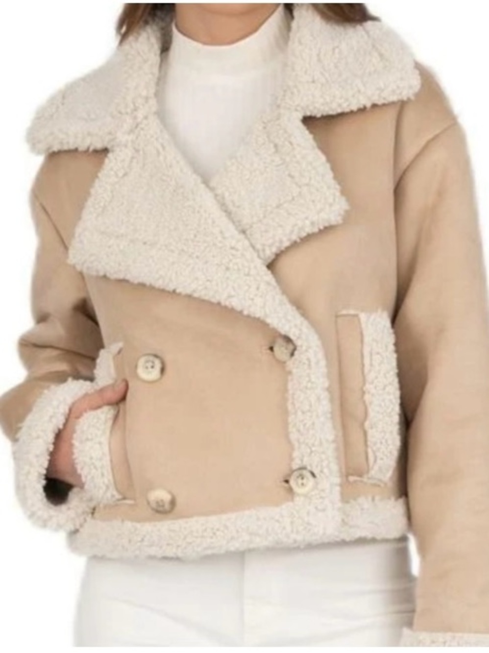 Frye Double Breasted Faux Shearling Bomber Jacket Women’s Size Large Sand NWT